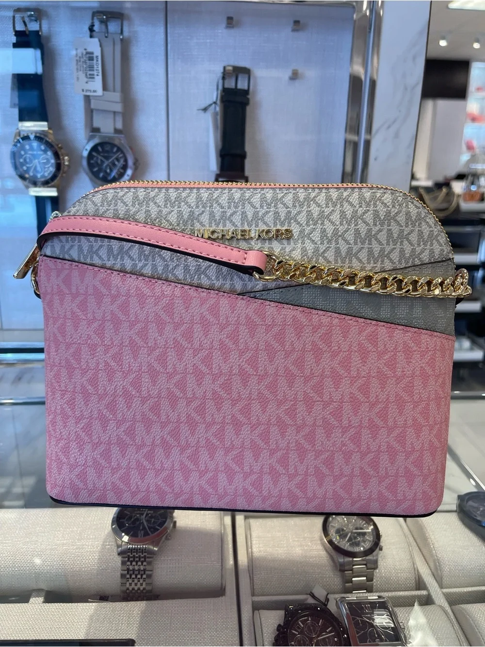 MICHAEL KORS JST Md Dome Color-Block Signature Logo Crossbody Bag Carnation NWT